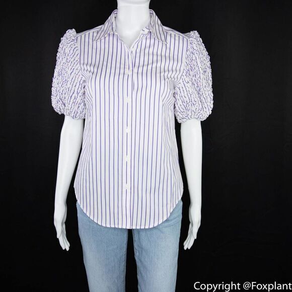 NWOT Petersyn smocked puff short sleeve button front top,‎ white with stripes - Picture 5 of 15